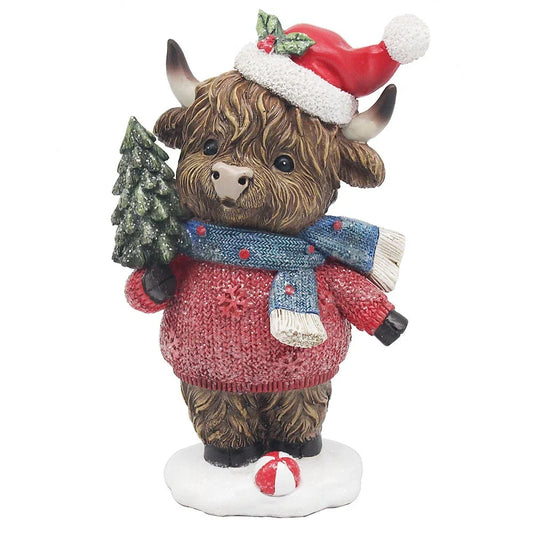 Festive Highland Cow Boy Figurine
