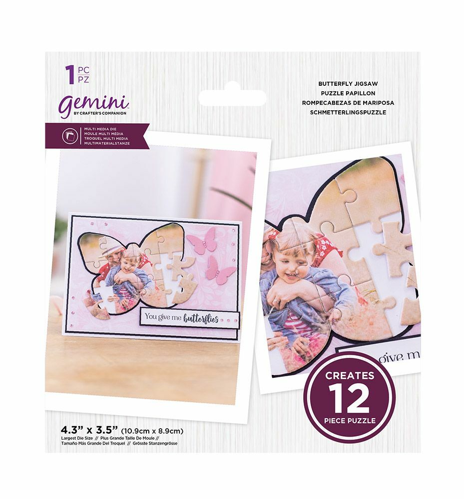 Gemini butterfly jigsaw puzzle packaging showing a sample completed puzzle with a baby photo, two puzzle pieces, and text indicating it creates 12 pieces.