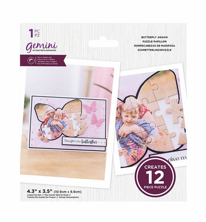 Gemini butterfly jigsaw puzzle packaging showing a sample completed puzzle with a baby photo, two puzzle pieces, and text indicating it creates 12 pieces.