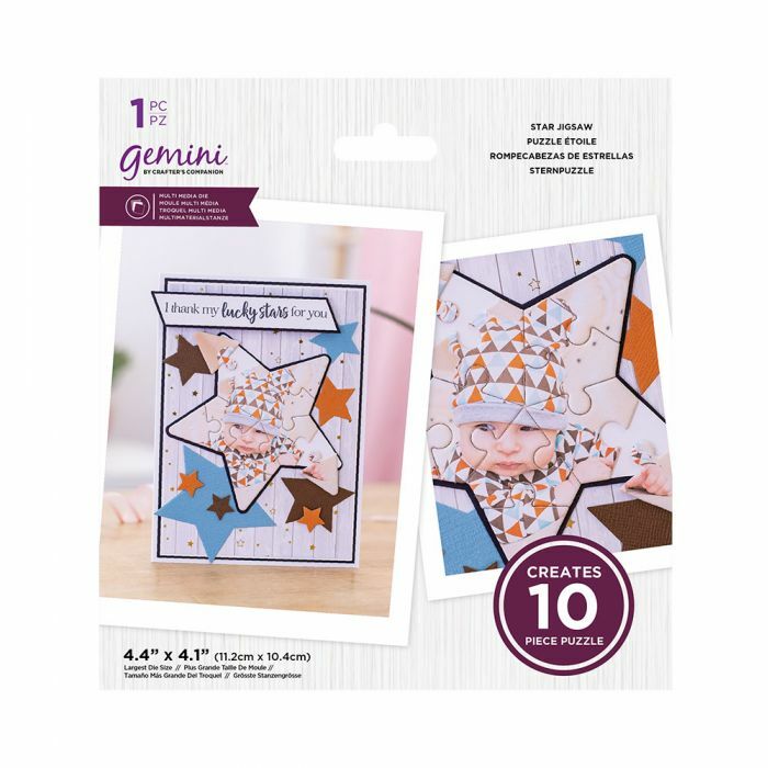 Gemini Star Jigsaw Puzzle packaging showing two sample puzzle cards with a baby photo, decorative star shapes, and text indicating it creates a 10-piece puzzle.