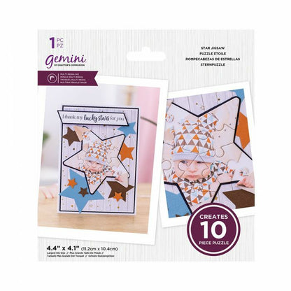 Gemini Star Jigsaw Puzzle packaging showing two sample puzzle cards with a baby photo, decorative star shapes, and text indicating it creates a 10-piece puzzle.