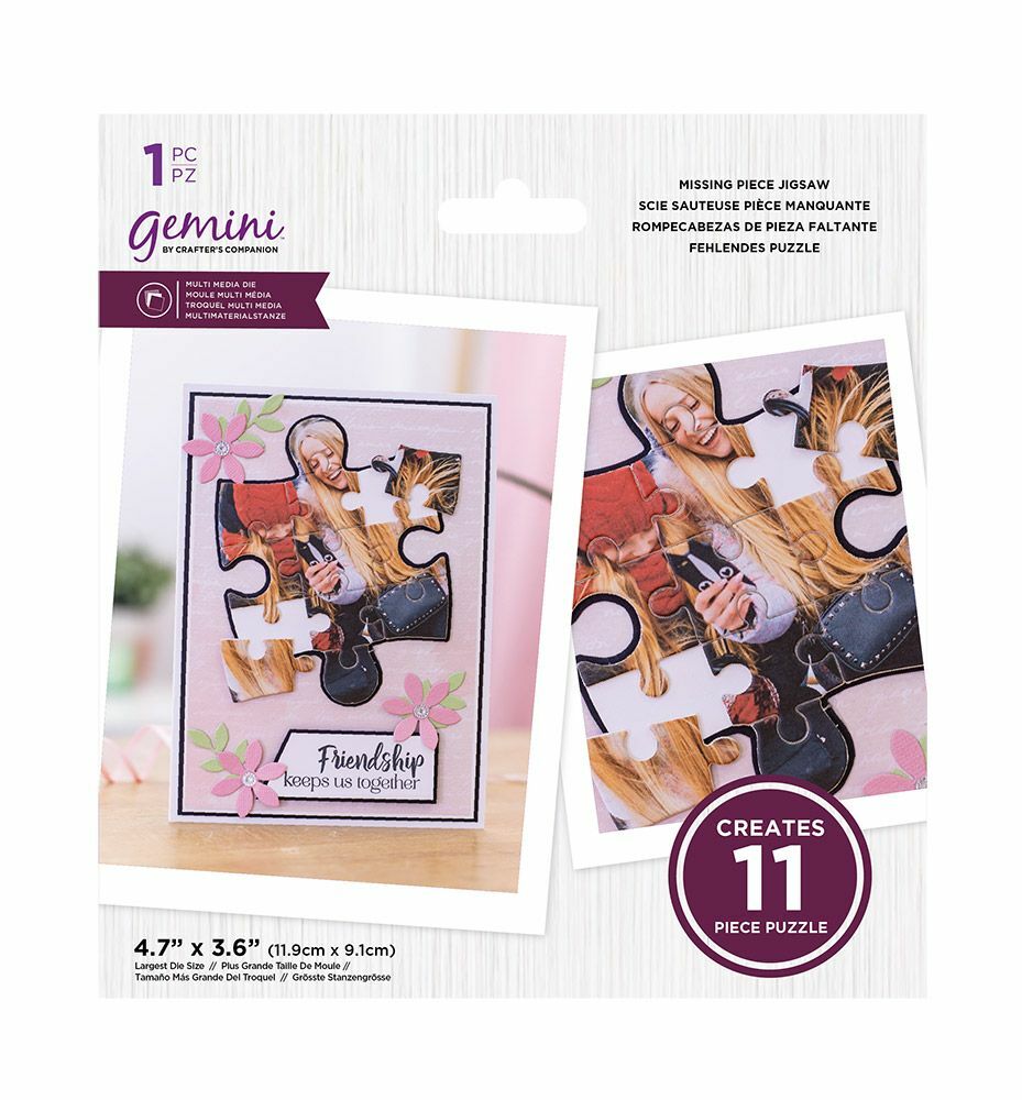 Gemini missing piece jigsaw puzzle packaging showing a 11-piece puzzle that creates a card with a photo of a woman and her dog. The package includes two sample puzzle card images, dimensions, and a badge stating it creates an 11-piece puzzle.