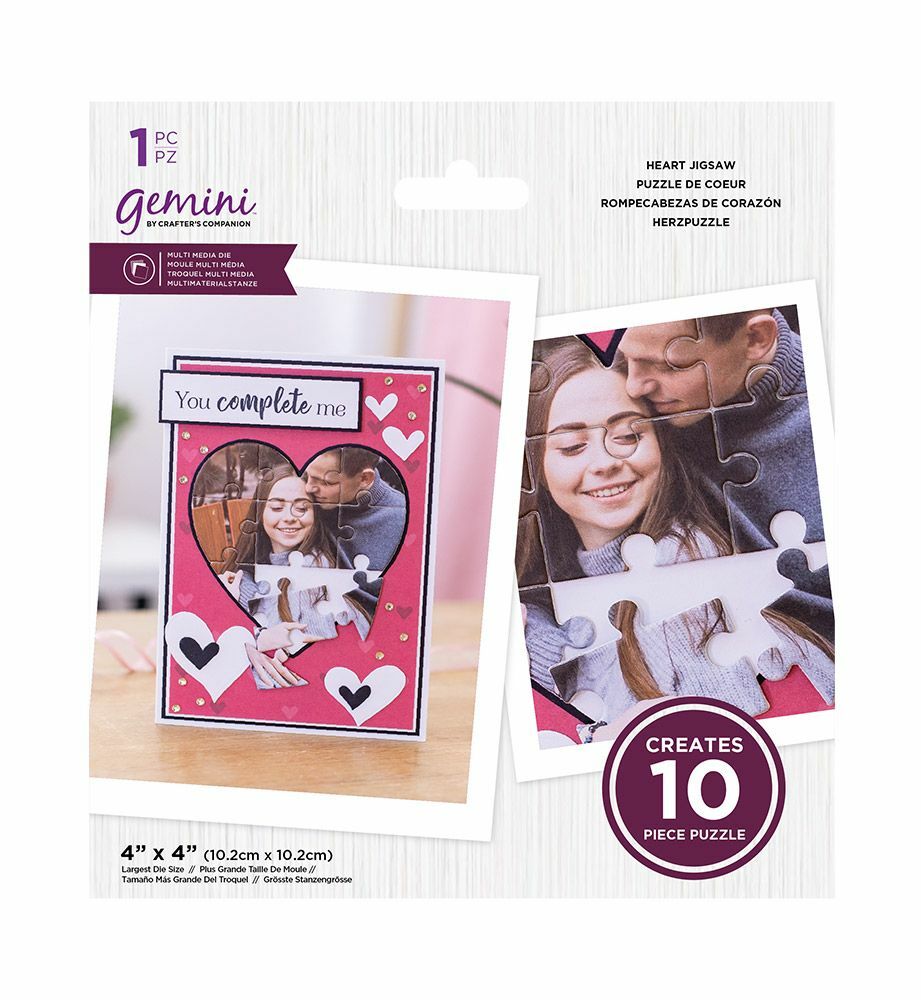 Gemini heart jigsaw puzzle in its retail packaging, featuring a pink and white design with a couple's photo and heart cutouts, shown as a 10-piece puzzle.