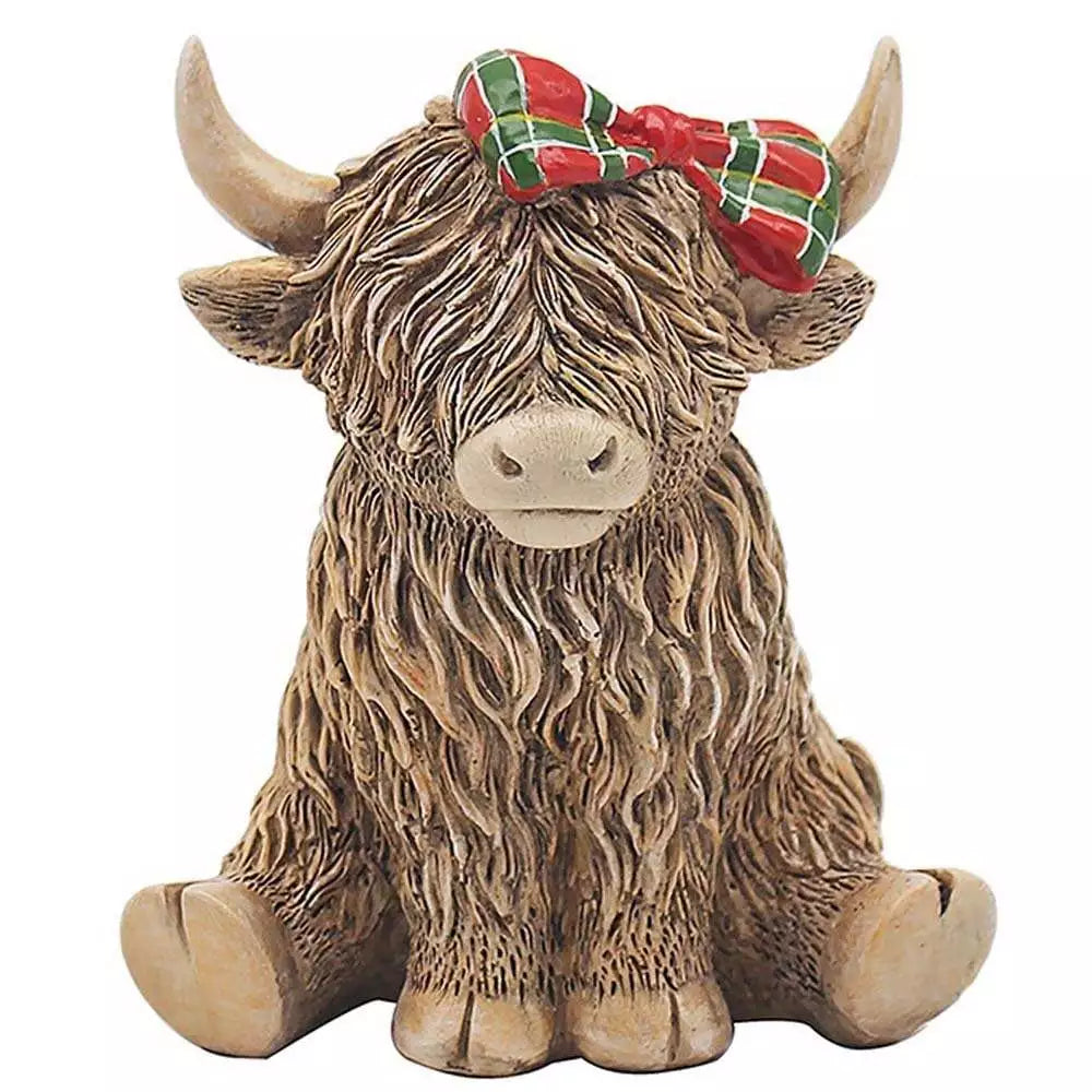Happy Highland Cow Ornament Wearing A Tartan Bow