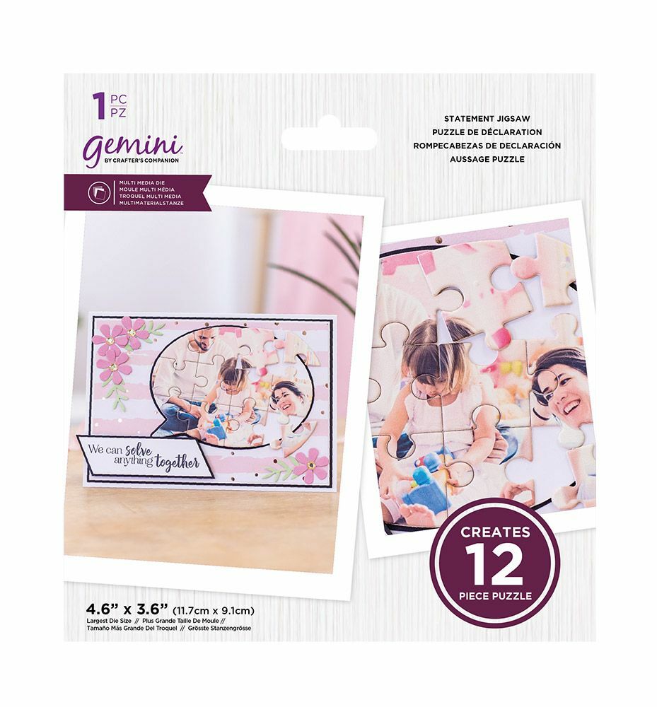 Gemini Statement Jigsaw Puzzle in its retail packaging, showing a 1-piece puzzle that creates a 12-piece photo puzzle. The packaging displays two sample photo puzzle outputs side-by-side on a white textured background with purple and pink accents.