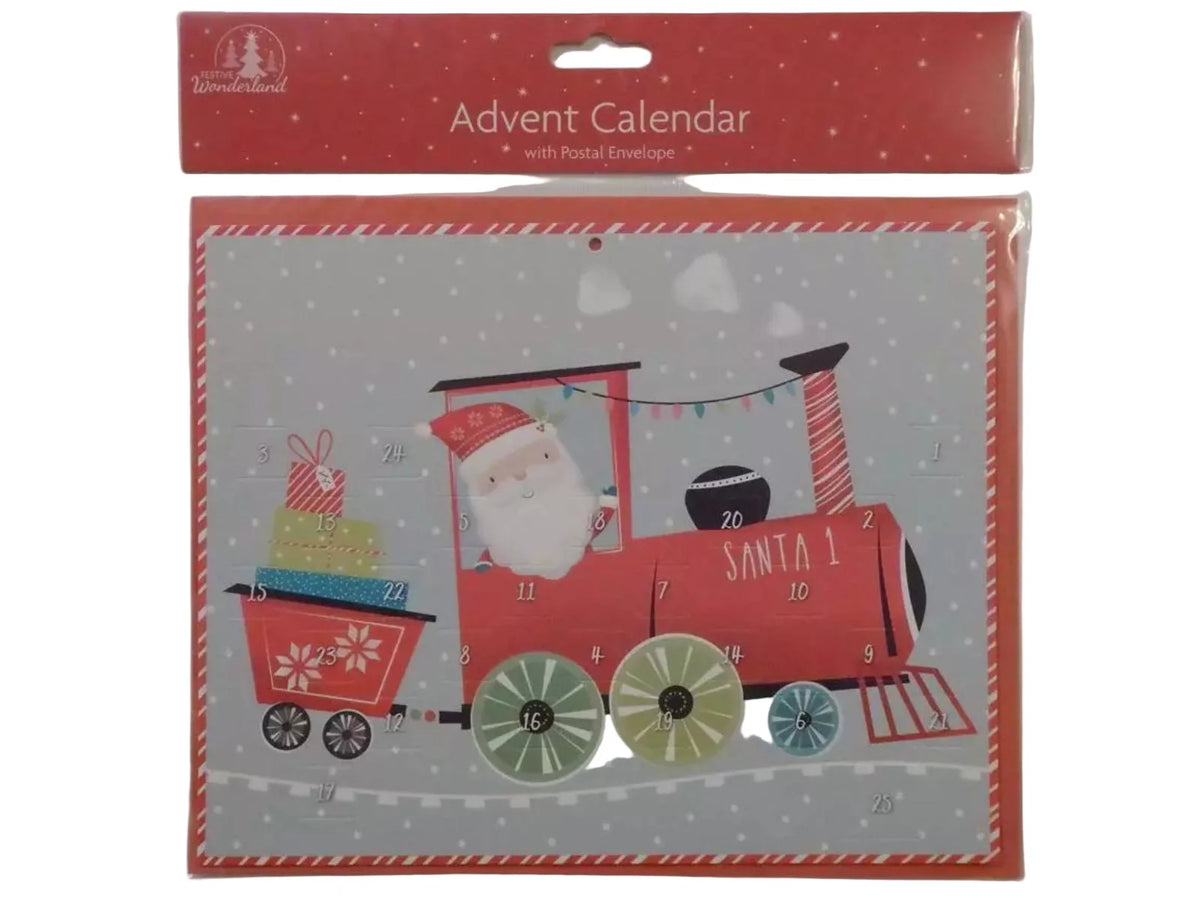 Advent calendar with Santa on a train design, featuring a red envelope labeled 'Advent Calendar'.