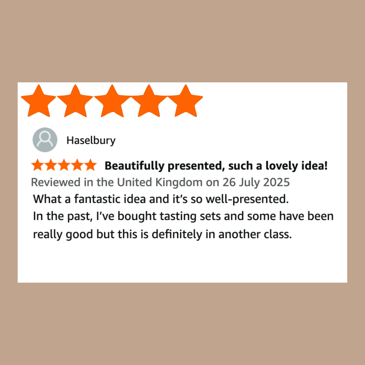Customer review card with five-star rating and written feedback for tasting set
