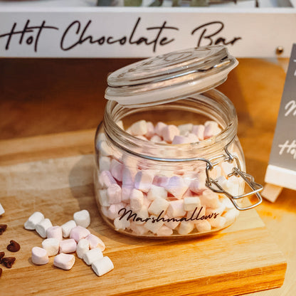 Glass jar of marshmallows on 2-in-1 hot chocolate station tray