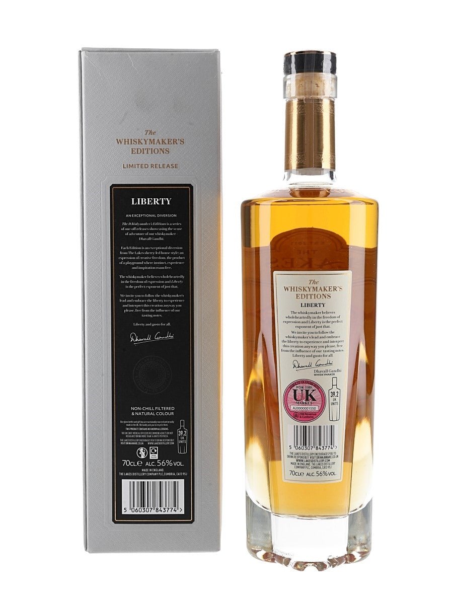 The Lakes Liberty whisky bottle with rear box panel, 70cl