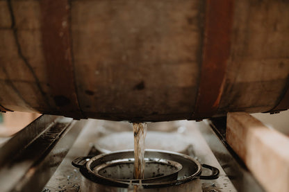 Wooden barrel spout pouring amber liquid into a metal receiving drum